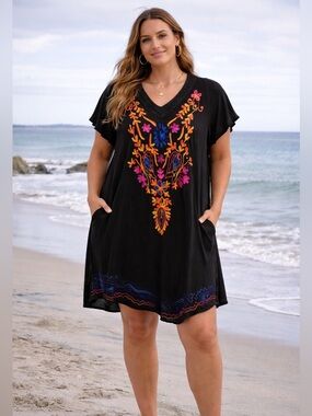 Exist Black Embroidered Dress Boho Beachy Tunic Shift Size Large